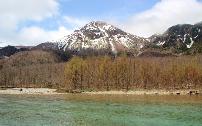 Обои картинки фото природа, реки, озера, вода, днревья, снег, горы