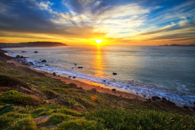 Обои картинки фото природа, восходы, закаты, солнце, небо, вода, берег