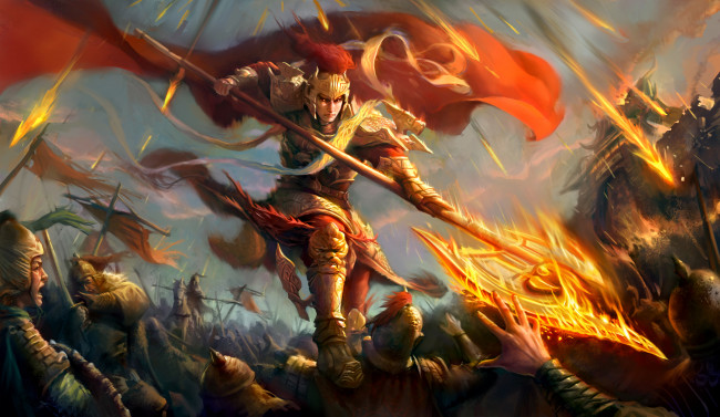 Обои картинки фото фэнтези, люди, шлем, сражение, воин, огонь, война, стрелы, плащ, доспехи, секира