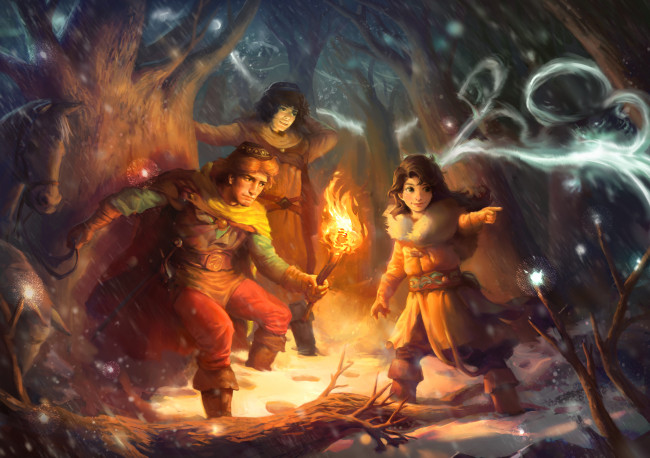 Обои картинки фото фэнтези, люди, факел, лошадь, зима, лес, дерево