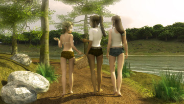 обоя 3д графика, эльфы , elves, дорога, река, эльфийки