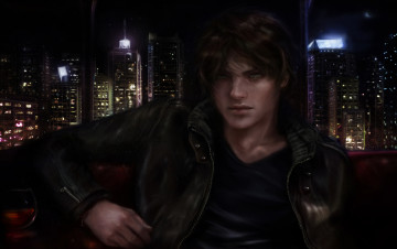 Картинка рисованные люди ночь город парень небоскребы огни