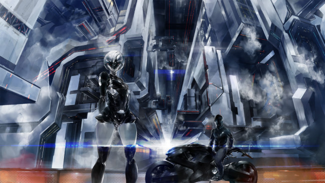 Обои картинки фото аниме, -weapon,  blood & technology, gear, арт, мотоцикл, шлем, парень, девушка, фантастика