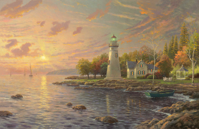 Обои картинки фото serenity cove, рисованные, thomas kinkade, закат, беседка, дом, маяк, озеро