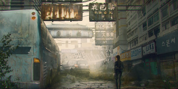 Картинка фэнтези иные+миры +иные+времена улица машина руины postapocalypse автобус женщина человек город