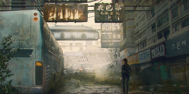 Обои картинки фото фэнтези, иные миры,  иные времена, улица, машина, руины, postapocalypse, автобус, женщина, человек, город