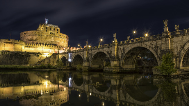 Обои картинки фото castel sant`angelo | rome, города, рим,  ватикан , италия, мост, ночь, замок