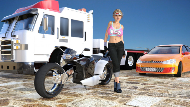 Обои картинки фото 3д графика, люди-авто, мото , people- car ,  moto, фон, взгляд, девушка