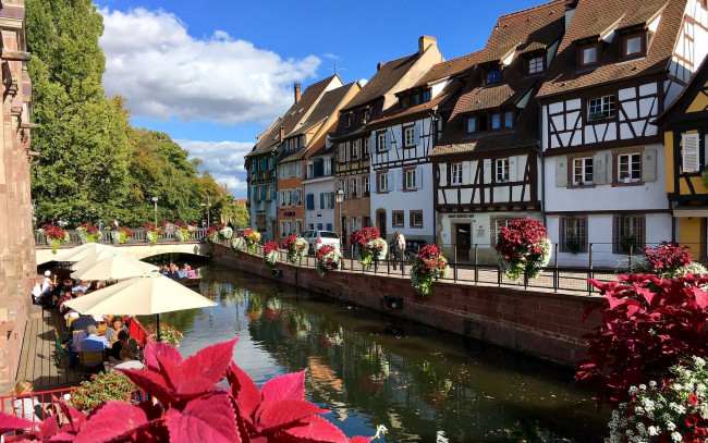 Обои картинки фото города, кольмар , франция, канал, набережная, кафе
