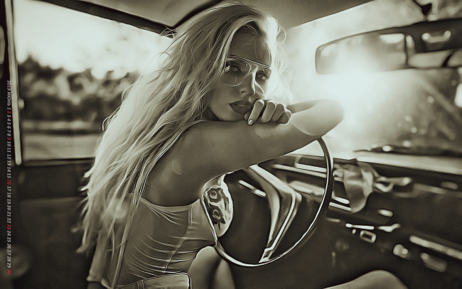 Обои картинки фото календари, компьютерный дизайн, calendar, взгляд, машина, руль, очки, девушка