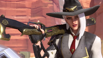 Картинка видео+игры overwatch девушка фон взгляд шляпа ружьё