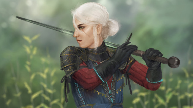Обои картинки фото видео игры, the witcher 3,  wild hunt, девушка, фон, униформа, меч