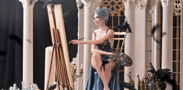 обоя фэнтези, _ghost blade ,  призрачный клинок, девушка, эльфийка, художница, краски, мольберт