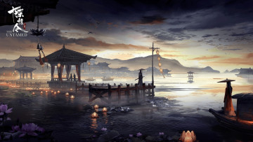 Картинка рисованное кино +мультфильмы юньмэн люди озеро лодка беседка причал