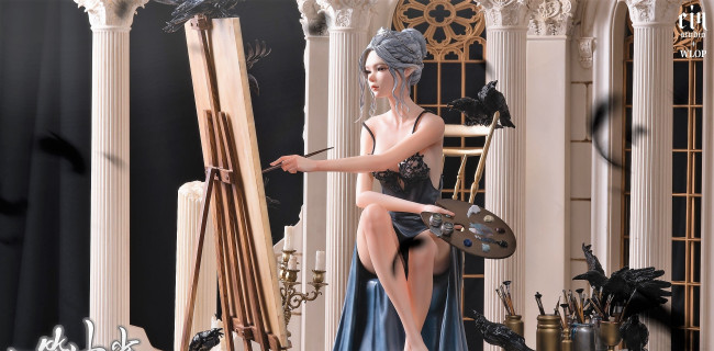 Обои картинки фото фэнтези, _ghost blade ,  призрачный клинок, девушка, эльфийка, художница, краски, мольберт