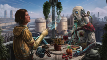 Картинка фэнтези роботы +киборги +механизмы робот оружие девушка обед