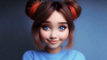 Картинка нейросеть 3д+графика люди+ people портрет девушка глаза улыбка прическа свитер взгляд рендеринг фон шатенка