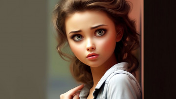 Картинка нейросеть 3д+графика портрет+ portraits глаза взгляд девушка свет рендеринг фон стена портрет рубашка шатенка