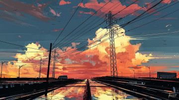 Картинка рисованное города тучи закат магистрали