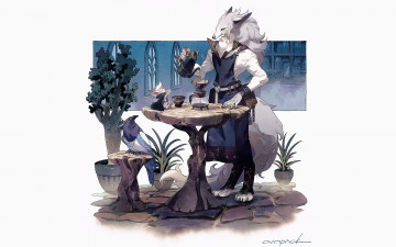 Картинка аниме животные +существа существо птица стол кофе