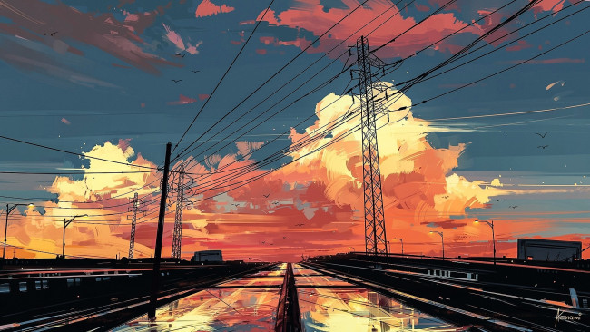 Обои картинки фото рисованное, города, тучи, закат, магистрали