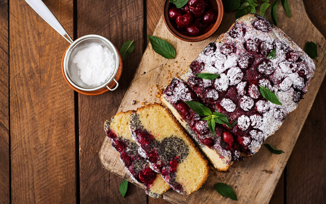 Обои картинки фото еда, пироги, мята, вишневый, пирог, вишни