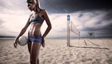 Картинка спорт волейбол блондинка форма мяч песок сетка