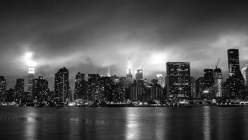 обоя города, нью-йорк , сша, море, ночь, огни, дома, здания