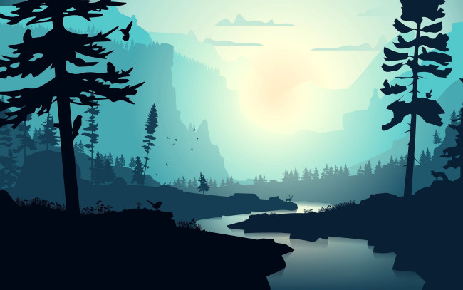 Обои картинки фото векторная графика, природа , nature, лес, река, туман, животные