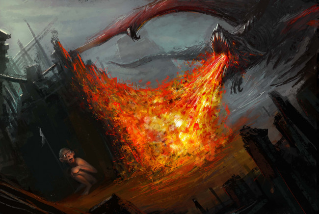 Обои картинки фото фэнтези, lord, of, the, rings, горлум, дракон