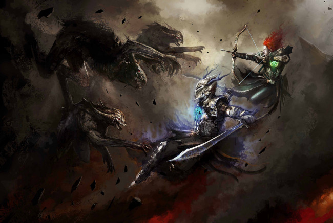 Обои картинки фото фэнтези, существа, монстры, меч, лук