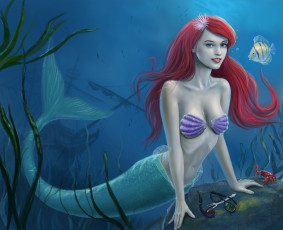 обоя фэнтези, русалки, краб, водоросли, рыбка, вода, ариэль, арт, русалка