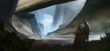 Картинка фэнтези люди шлем мех плащ человек озеро скалы арт