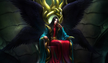 Картинка фэнтези существа парень арт крылья змеи трон