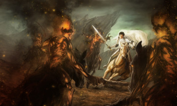 Картинка фэнтези нежить демоны меч конь всадник парень арт огонь