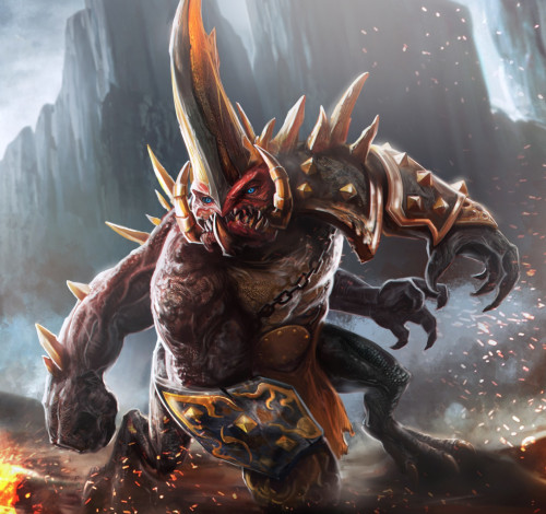 Обои картинки фото видео игры, dungeon siege,  throne of agony, лапы, рог, монстр, оугон, кровопийца, guildhall, of, glory, dungeon, hunter, 4, клыки, цепь