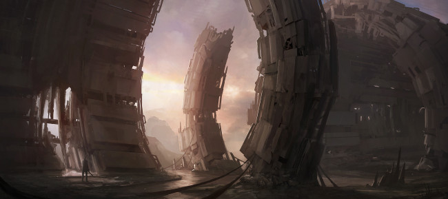 Обои картинки фото фэнтези, иные миры,  иные времена, корабль, сооружения, человек, остов, арт