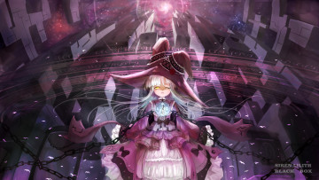 Картинка аниме магия +колдовство +halloween undeedking девушка ведьма платье шляпа ленты бант цепь цветы роза здание сооружение круговорот заклинание