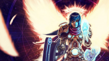 Картинка фэнтези ангелы оружие доспехи паладин девушка нимб магия жест