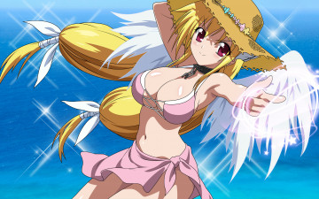 Картинка аниме sora+no+otoshimono ушки девушка ошейник цепь astraea вода купальник море шляпа ангел крылья перья