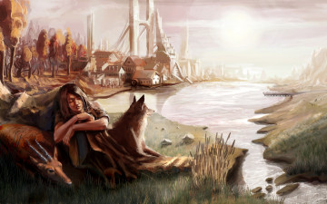 Картинка фэнтези иные+миры +иные+времена девушка мост водоем животные город горы деревья