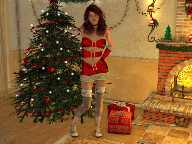 Обои картинки фото 3д графика, праздники , holidays, елка, фон, взгляд, девушка