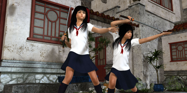 Обои картинки фото 3д графика, фантазия , fantasy, девушки, взгляд, фон, оружие, поза