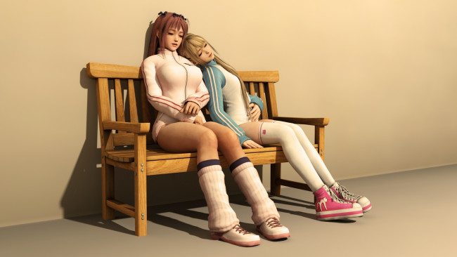 Обои картинки фото 3д графика, люди , people, девушки, скамейка, фон, взгляд