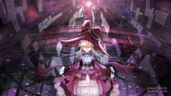 Обои картинки фото аниме, магия,  колдовство,  halloween, undeedking, девушка, ведьма, платье, шляпа, ленты, бант, цепь, цветы, роза, здание, сооружение, круговорот, заклинание