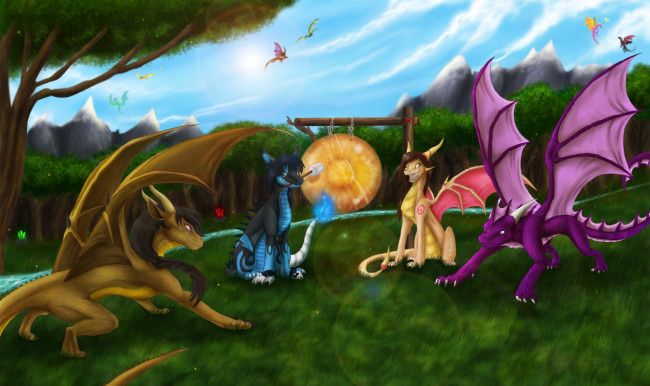Обои картинки фото рисованное, животные,  сказочные,  мифические, поляна, драконы