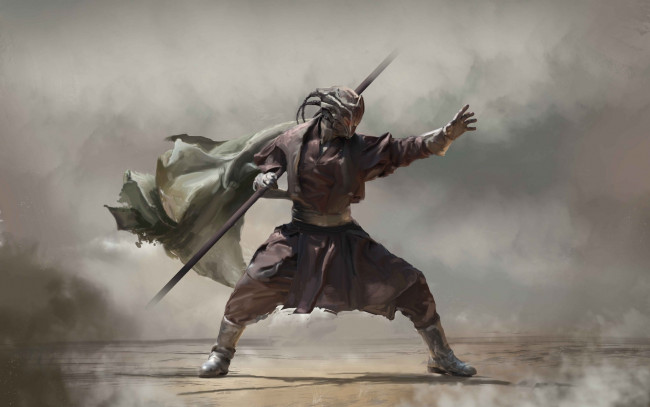 Обои картинки фото фэнтези, существа, маска, воин, стойка, шест