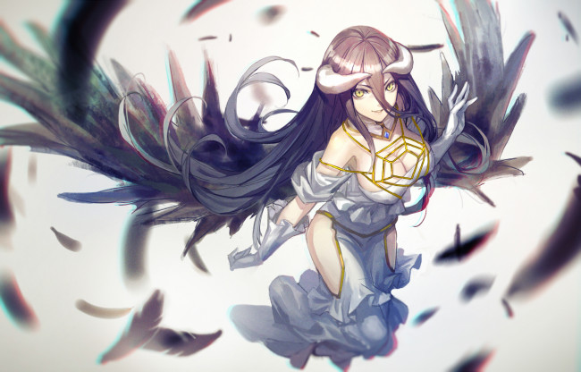 Обои картинки фото аниме, ангелы,  демоны, улыбка, взгляд, арт, девушка, рога, крылья, albedo, overlord, infukun