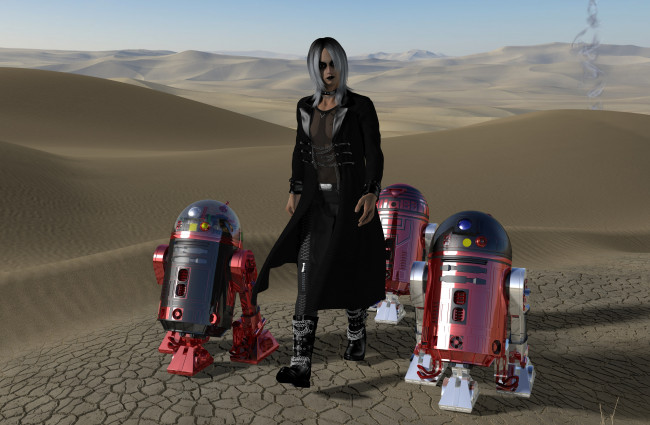 Обои картинки фото 3д графика, фантазия , fantasy, андроиды, пустыня, фон, взгляд, девушка