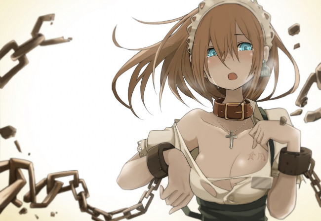 Обои картинки фото аниме, unknown,  другое, tansuke, девушка, платье, чепец, слезы, цепь, наручники, крест, ошейник, номер, знак, иероглиф